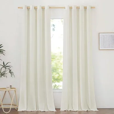 Obrázok produktu pre Sada závesov Ibenzoa® (2 kusy), vzhľad ľanu, čiastočne priehľadné, štýl boho, farba slonovinová, rozmer 210 x 140 cm, s okami – vhodné do obývačky a spálne