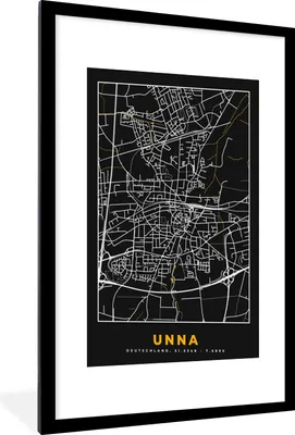 Produktbild von MuchoWow® Gerahmtes Poster Deutschland - Schwarz und Gold - Unna - Stadtplan - Karte 60x90 cm - Poster mit Schwarzem Bilderrahmen Wandposter Rahmen Foto Bilder - Dekoration - Wandposter Wohnzimmer - Hochwertig
