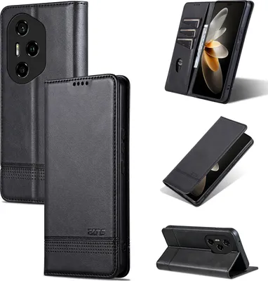 Image de Etui en cuir pour Honor 300 Pro, étui portefeuille pliable avec fermeture magnétique et support noir