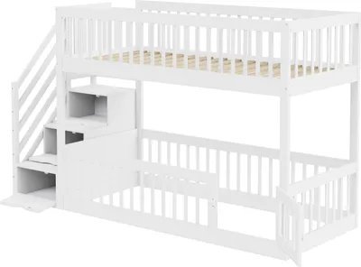 Obrázek produktu pro okwish Patrová postel 90x200 s zásuvkami, dětská postel s bezpečnostním schodištěm, manželská postel z masivního dřeva s mřížkou, dětská postel pro děti, bez matrace, bílá