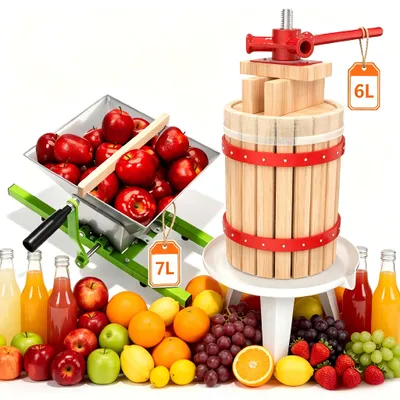 Obrázok produktu pre Kompletná sada YARDIN: 6-litrový lis na ovocie a šťavu + 7-litrový mlyn na ovocie a bobule, manuálne ovládanie, vrátane plachty, určené pre domácnosť, záhradu a amatérske vinárstvo