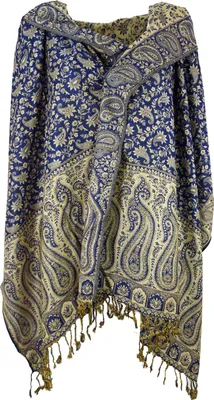Produktbild von Indischer Pashmina Schal, Schultertuch, Stola mit Paisley Muster - Blau, Uni, Viskose, 200*70 cm, Schals