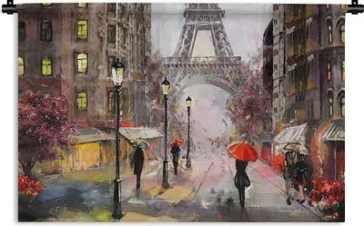 Produktbild von MuchoWow® Wandteppich Wandbehang Gemälde - Paris - Eiffelturm - Regenschirm - Ölgemälde 60x40 cm Tapisserie Dekoration Wandtuch - Wanddekorationen