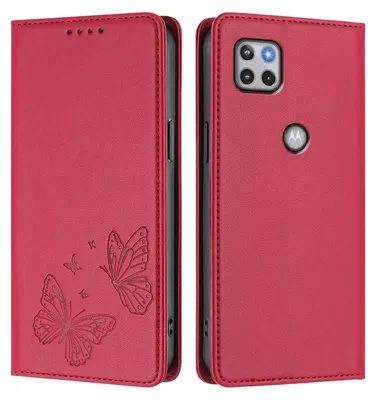 Obrázek produktu pro Kožené pouzdro pro Motorola Moto G 5G 2020, motýlí ražbou, peněženkové flip pouzdro se stojánkem Červená