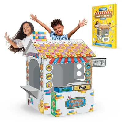 Produktbild von Joya Kreatives Baue-Deinen-Eigenen-Supermarkt – Lebensgroßes Papp-Spielhaus zum Bauen, Ausmalen und Spielen mit 6 Markern