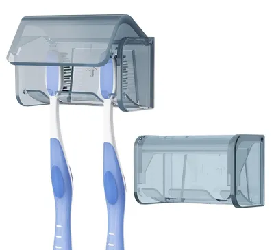 Obrázok produktu pre Držiak na zubné kefky na upevnenie na stenu, s krytom, samolepiaci, 2 priehradky, sivý, 2 kusy