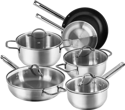 A collection of stainless steel cookware with glass lids, arranged on a white background.