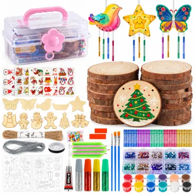 Produktbild von Holz Bastelset 206 Teile, DIY Deko Set mit 22 Holzscheiben 8-9 cm, Windspiel Bastelset, Holzanhänger, Bastelmaterial & Zubehör für kreative Dekoration