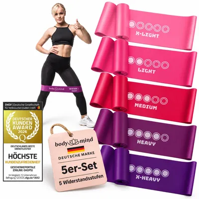 Productafbeelding van Body & Mind Fitnessbanden, set van 5 – Weerstandsbanden van 100% latex voor krachttraining, yoga en Pilates – 5 verschillende weerstanden, kleur roze/lichtroze