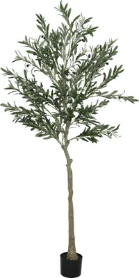 Obrázok produktu pre HOMCOM Umelý olivovník, výška 180 cm, umelá izbová rastlina, umelý strom v kvetináči s realistickými listami a plodmi, dekoratívna zelená rastlina do interiéru, vhodná do bytu, kancelárie, obývačky alebo spálne