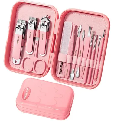 Image de Kit de manucure 13 en 1, acier inoxydable, rose, 13 pièces