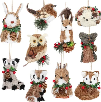 Produktbild von 10 Stück Weihnachtsbaumschmuck mit Waldtieren, 2D-Eulen, Vögel und Hasen aus Acryl, zum Aufhängen am Weihnachtsbaum, Kaminsims oder auf der Veranda