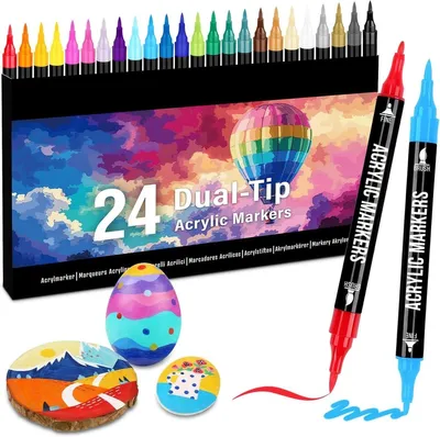 Produktbild von PromoHome® Acrylstifte-Set 24 Farben – Acrylmarker mit Doppelspitze (fein & Pinsel) für Stoff, Leinwand, Glas, Holz und Papier – für Kinder