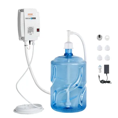A water dispenser pump system with a large water jug, a control unit, and various accessories, displayed against a white background.