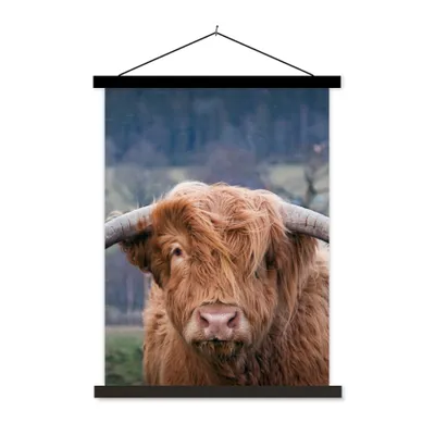 Produktbild von MuchoWow® Textilposter Schottischer Highlander - Hörner - Berg 60x80 cm mit schwarzem Rahmen - Plakathalter