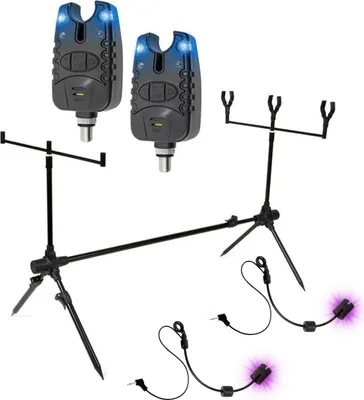 Produktbild von Eurocatch Base Rodpod - Set - Inkl. 2 Bissanzeiger - 2 Swinger - Schwarz - Blaue LEDs - Karpfenangeln