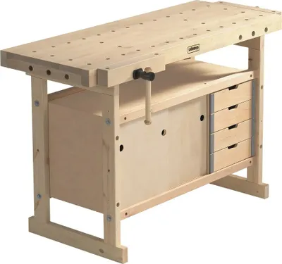 A wooden workbench with drawers and a vise.