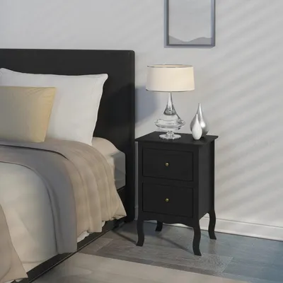 Zdjęcie produktu dla Mała komoda – stolik pomocniczy – szafka nocna z 2 szufladami – styl barokowy – czarna – 40x30x60 cm