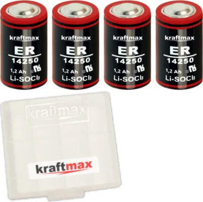 Produktbild von 4x Kraftmax LS 14250 3,6V Hochleistungs- Batterie 1/2 AA / Mignon - LS14250 Lithium / Li-SOCl2 Batterien mit extrem hoher Energiedichte - NEUSTE VERSION - inklusive Schutzbox