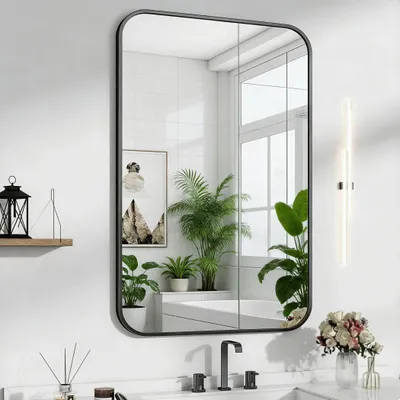 Produktbild von 20'' x 28''Badezimmerspiegel mit Aluminiumrahmen zur Wandmontage, großer, abgerundeter Rechteckspiegel, horizontal oder vertikal aufhängbar, schwarz, 71 cm, 51 cm