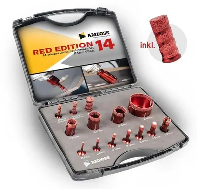 Produktbild von Amboss Red Edition 14 Diamant Bohrkronen Set Ø 5-68 mm / Vollfräser 8/10/20 mm