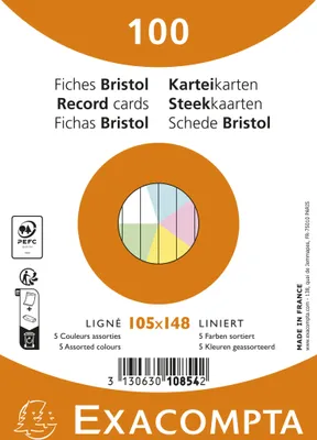 Image de Exacompta 20x 100 fiches Bristol ligné non perforé 105x148mm assort 10854E