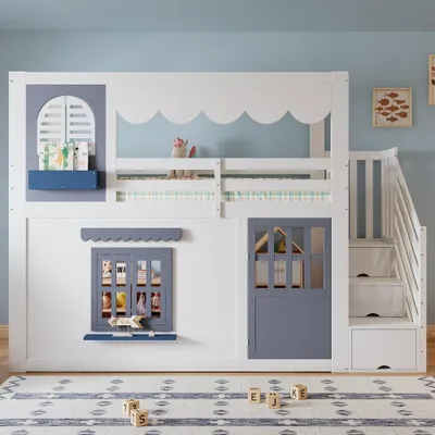 Imagen del producto de Cama infantil de 90x200 cm de madera, en blanco y azul, con diseño de casa, que incluye una escalera con espacio de almacenamiento, una puerta y ventanas que se pueden abrir, ideal para habitaciones infantiles