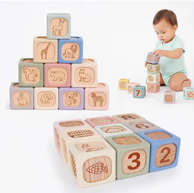 Image de Jouets pour bébé, 6 à 12 mois : blocs pour bébé Montessori en silicone souple et en bois de hêtre