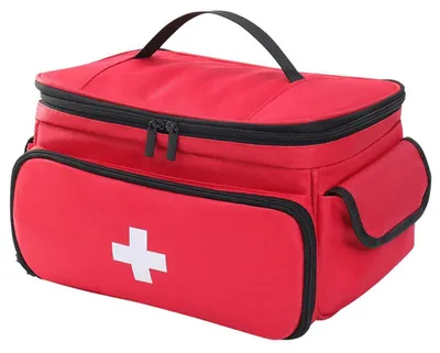 Immagine prodotto di Kit di pronto soccorso, rosso, realizzato in tessuto Oxford 600D, dimensioni 28x19x16 cm