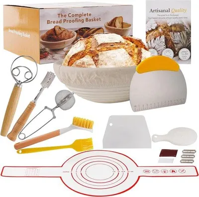 Obrázek produktu pro Sada pro přípravu kváskového chleba, obsahující košík na vykynutí (banneton) a nádobu na kvásek – 15 základních pomůcek pro pečení – ideální pro pekaře a milovníky pečení