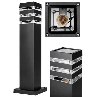 A collage of three images showing a black outdoor bollard light with clear glass sections. One image shows the full light, another shows the top view with the bulb socket, and the third shows a close-up of the lower section of the light.