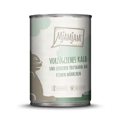 Produktbild von MjAMjAM vorzügliches Kalb & Truthahn an leckeren Möhrchen, Adult, jede Rasse, Truthahn, Kalbsfleisch, 400 g