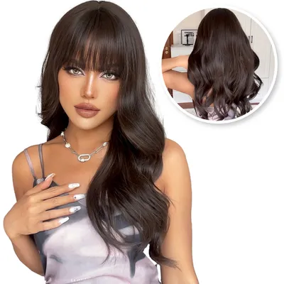 Produktbild von SassyGoods Braune Perücke Kastanie - Perücken Damen - Perücke - Verstellbar - Waschbar - Nur echtes Haar - Langes gewelltes Haar - Braun - 60 cm
