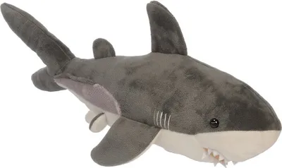 A plush toy shark against a white background.