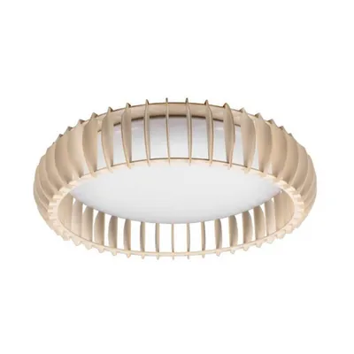 A round, beige ceiling light with a wooden slatted shade and a white diffuser.