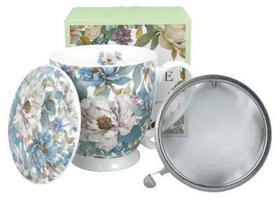 Produktbild von DUO Becher PEONY WHITE mit Fuß, 510 ml, inkl. Deckel und Teesieb, New Bone China Porzellan