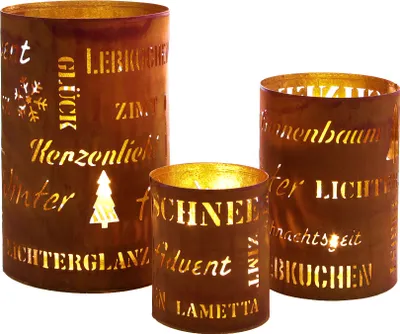 Produktbild von Metall Weihnachts Windlicht rund Rost Optik 3er Set - Sprüche - Winter Tisch Deko Laterne Kerzen Halter