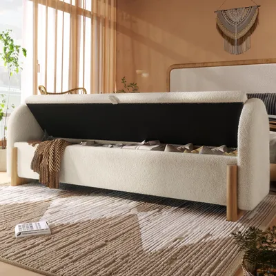 Produktbild von Flieks Sitztruhe mit Stauraum, Sitzbank Ottomane mit Hydraulischem Stauraum, Fußhocker Sitzhocker 146x47x61 cm, Bouclé, Weiß