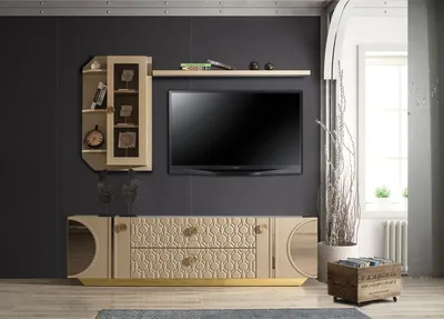 Zdjęcie produktu dla Beżowa szafka RTV, niska szafka pod telewizor, komoda + półka ścienna, salon, nowoczesne meble z drewna, design