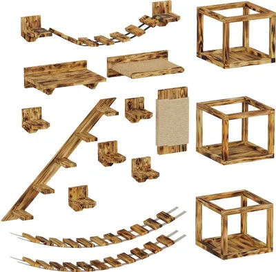 A collection of wooden cat furniture pieces arranged on a white background.