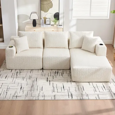 Zdjęcie produktu dla Trójelementowa sofa z pianki memory, z uchwytami na napoje, narożnik bez oparcia, kształt litery L, kolor beżowy, wymiary: 261x165x80,5 cm