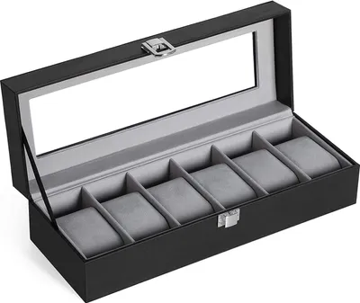 Zdjęcie produktu dla Eleganckie czarne pudełko na zegarki z 6 przegródkami i szklanym wiekiem