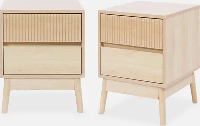 Two wooden nightstands with two drawers each, shown from a slightly angled front view against a white background.