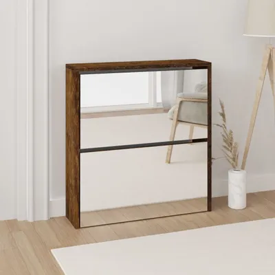 Produktbild von Design Schuhschrank mit Spiegel 2 Fächer Räuchereiche 63x17x67 cm, Schuhregale 2024 Neu