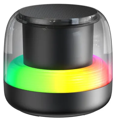 A close-up studio shot of a portable Bluetooth speaker with RGB lighting.