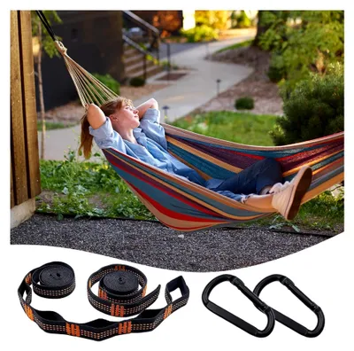 Produktbild von 2 Stück Hängemattenbefestigung 2 m x 2,5 cm Seil für Hängematten mit 300 kg Aufhängungsgurten und 2 Hakenkarabinern für Hängesessel Camping Outdoor Wandern