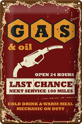Produktbild von Blechschild Retro 20x30cm Gas and Oil Last chance