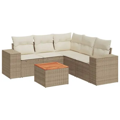 Produktbild von Modulare Garten-Sofagarnitur, 6-teilig, mit Stauraum, wasserabweisenden Kissen, Akazienholz-Tisch, UV-beständig, Poly Rattan, Beige