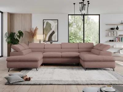 Produktbild von Ecksofa mit Bettkasten, U-form Bettsofa mit Schlaffunktion, verstellbare Kopfstützen - PEDRO U - Boucle - Rosa