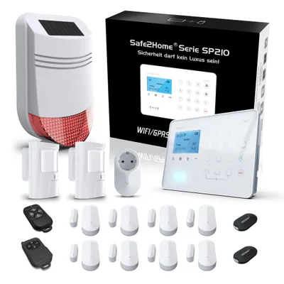 A product shot of a home security system kit, including a siren, control panel, sensors, and remote controls, arranged on a white background.